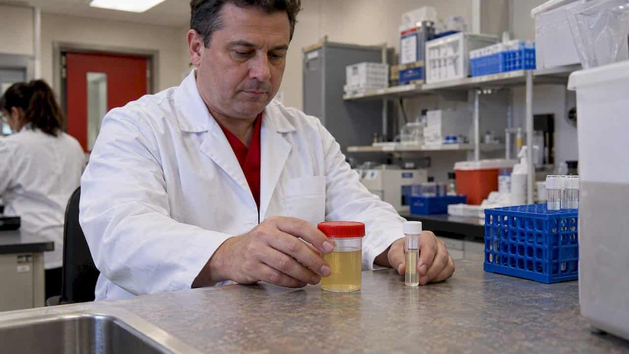 Specimen cup beside a confirmation tube