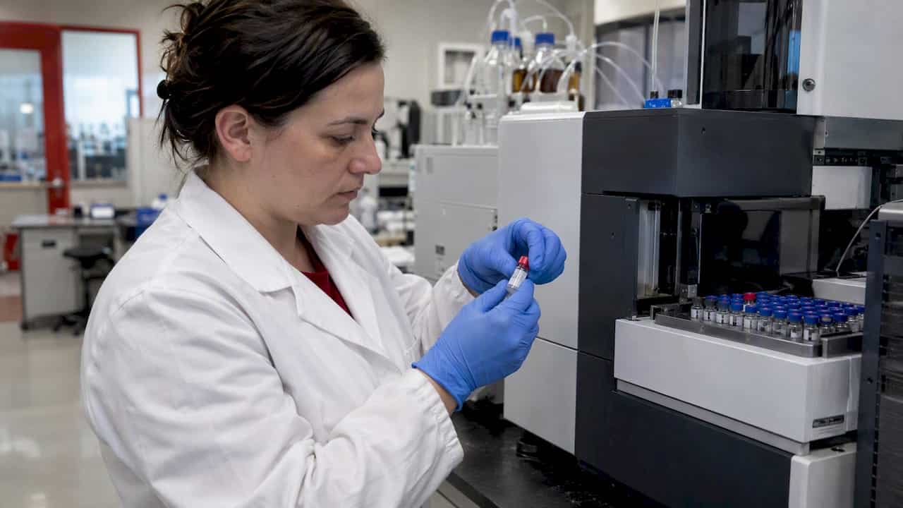Analyst checks a specimen vial beside LC-MS/MS equipment