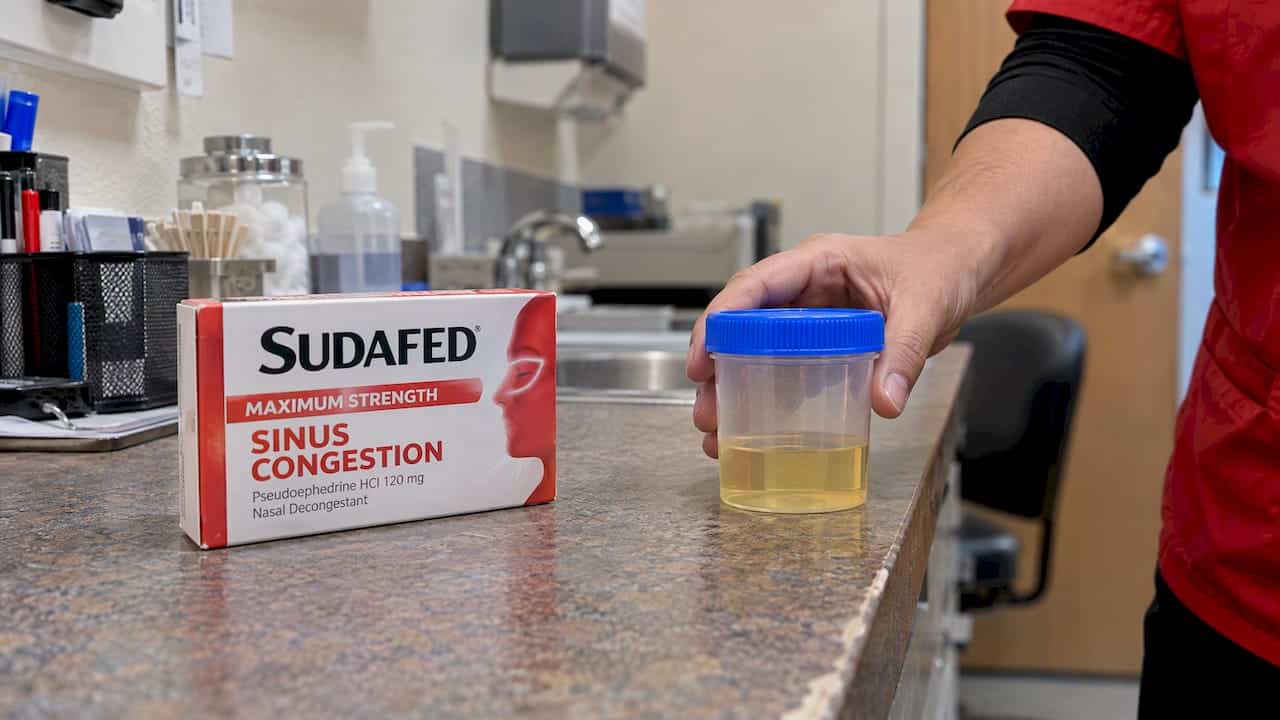 Sudafed carton beside a urine test cup