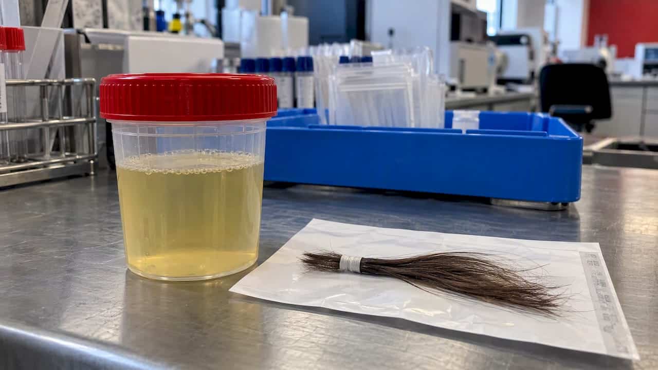 Hair and urine specimens at a laboratory bench