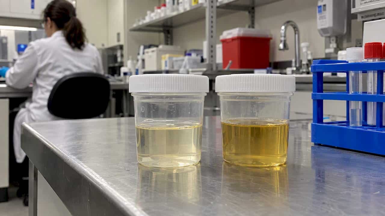 Urine specimen cups on a laboratory bench