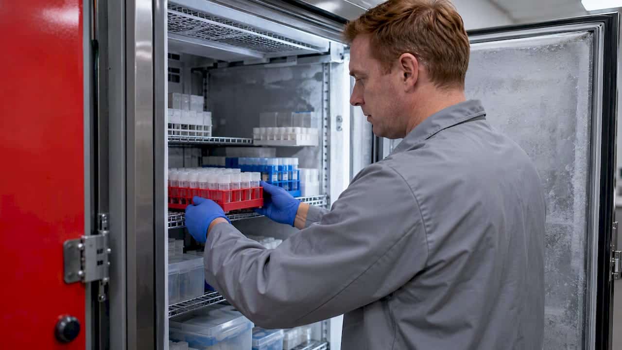 Technician storing specimens in a laboratory freezer