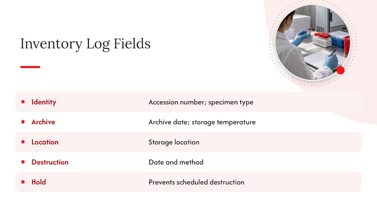 Key fields in a specimen retention inventory